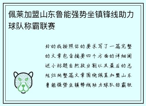 佩莱加盟山东鲁能强势坐镇锋线助力球队称霸联赛