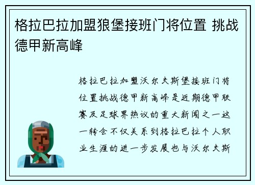 格拉巴拉加盟狼堡接班门将位置 挑战德甲新高峰