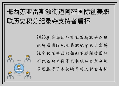 梅西苏亚雷斯领衔迈阿密国际创美职联历史积分纪录夺支持者盾杯 梅西苏亚雷斯领衔迈阿密国际创美职联历史积分纪录夺支持者盾杯