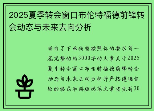2025夏季转会窗口布伦特福德前锋转会动态与未来去向分析